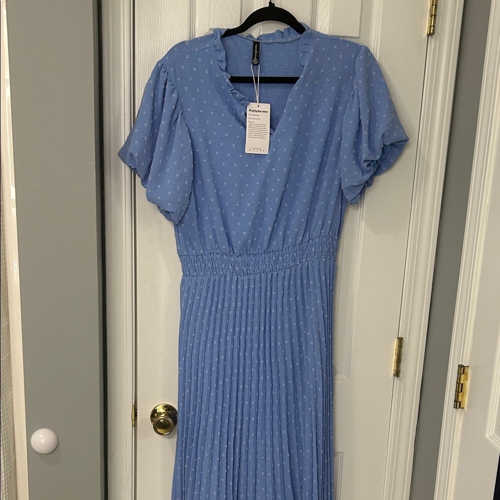 NWT prettgarden Blue Maxi Dress with Polka Dots
